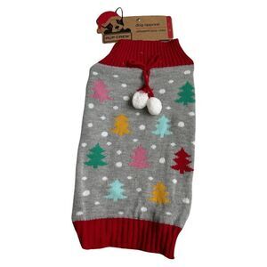 Pup Crew Knit Pet Holiday Trees & Snowflakes Sweater with Poms Size Large NWT
